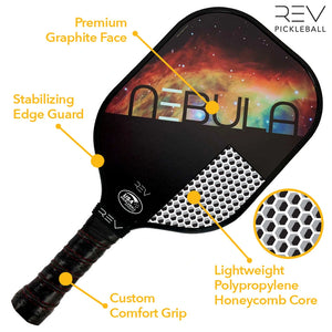 Diagram showing the graphite face, honeycomb core, edge guard, and comfort grip of the REV NEBULA pickleball paddle