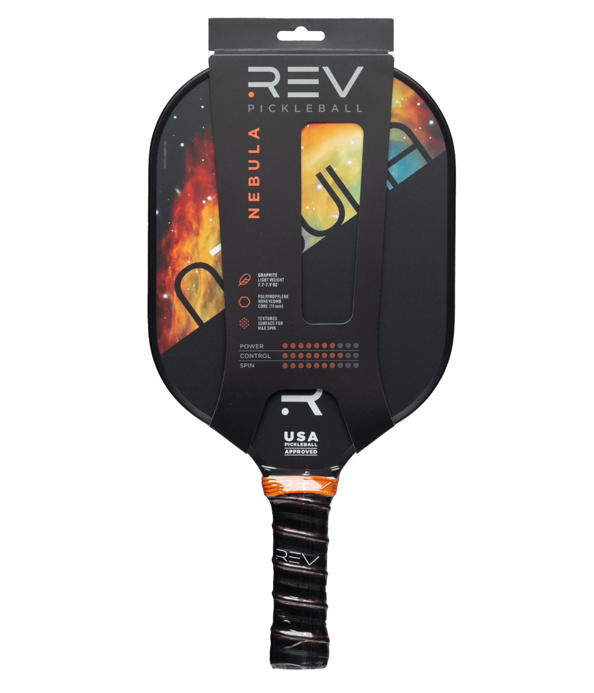 REV NEBULA pickleball paddle retail packaging Medusa variant front view