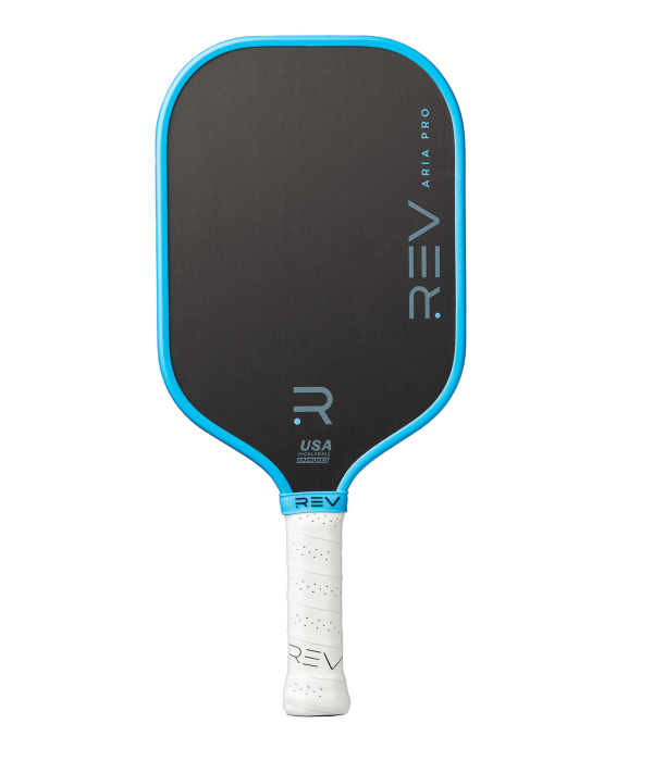 Close up of REV ARIA PRO pickleball paddle front view with thermoformed T700 carbon fiber face