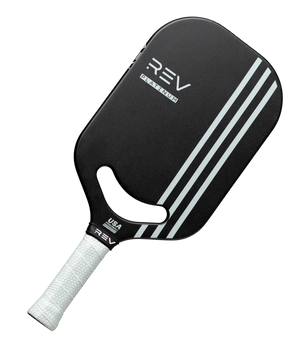 Angled view of the REV Platinum Pickleball Paddle showing paddle shape and face design