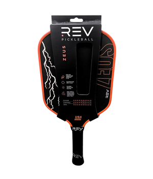 ZEUS power pickleball paddle in orange with REV packaging