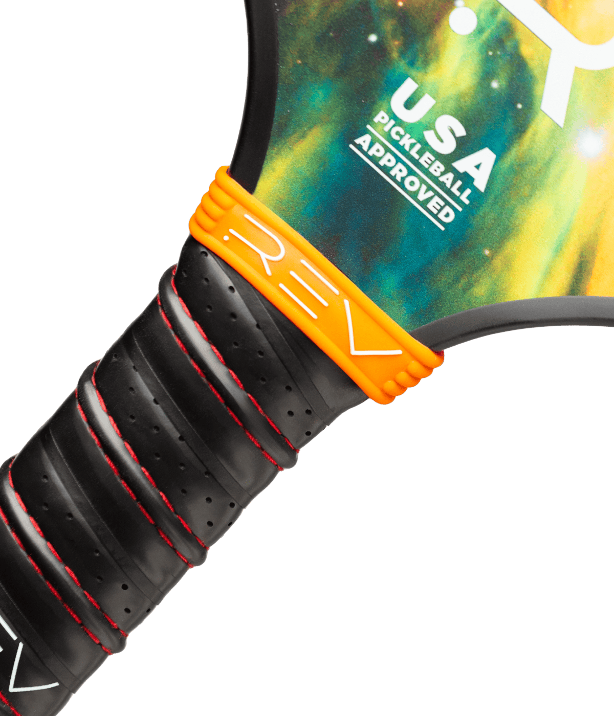 Close-up of the USAPA approval marking on the REV NEBULA pickleball paddle