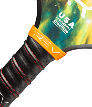 Close-up of the USAPA approval marking on the REV NEBULA pickleball paddle