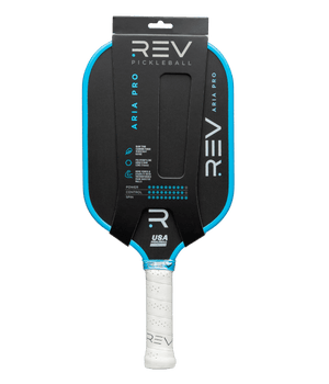 REV ARIA PRO pickleball paddle in its retail packaging, ready for tournament and recreational play