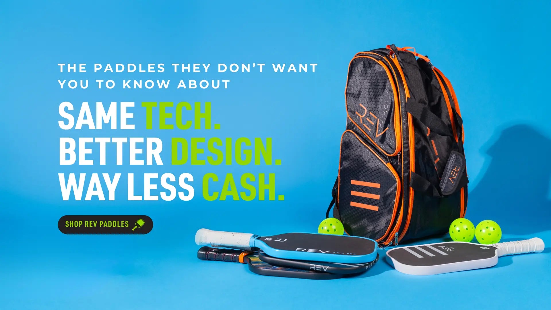 Backpack with REV pickleball paddles and balls on a blue background with promotional text
