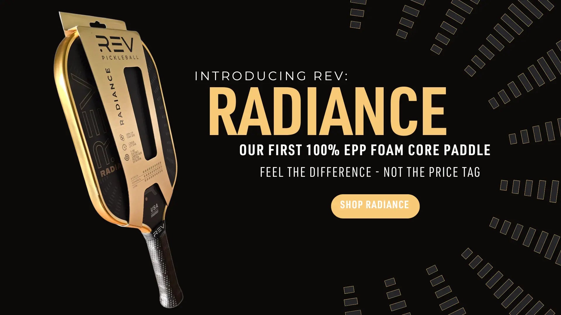 REV Radiance paddle with promotional text on a black background