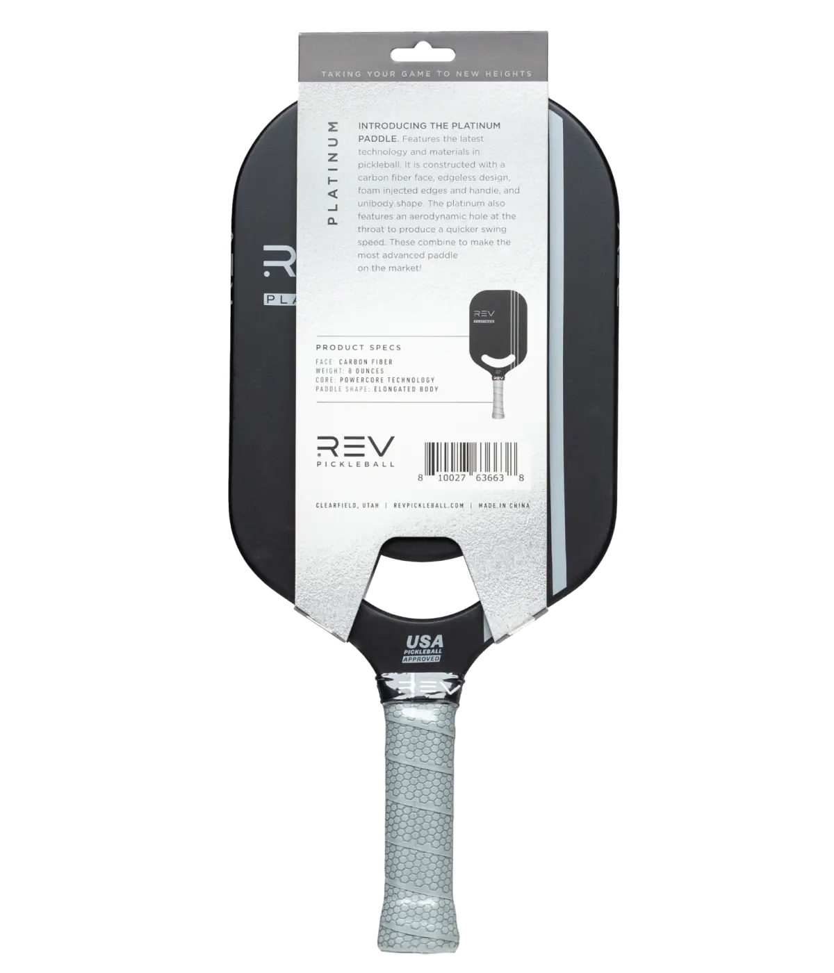 Back of REV Platinum pickleball paddle packaging with product details