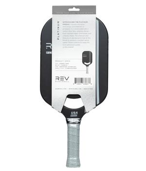 Back of REV Platinum pickleball paddle packaging with product details