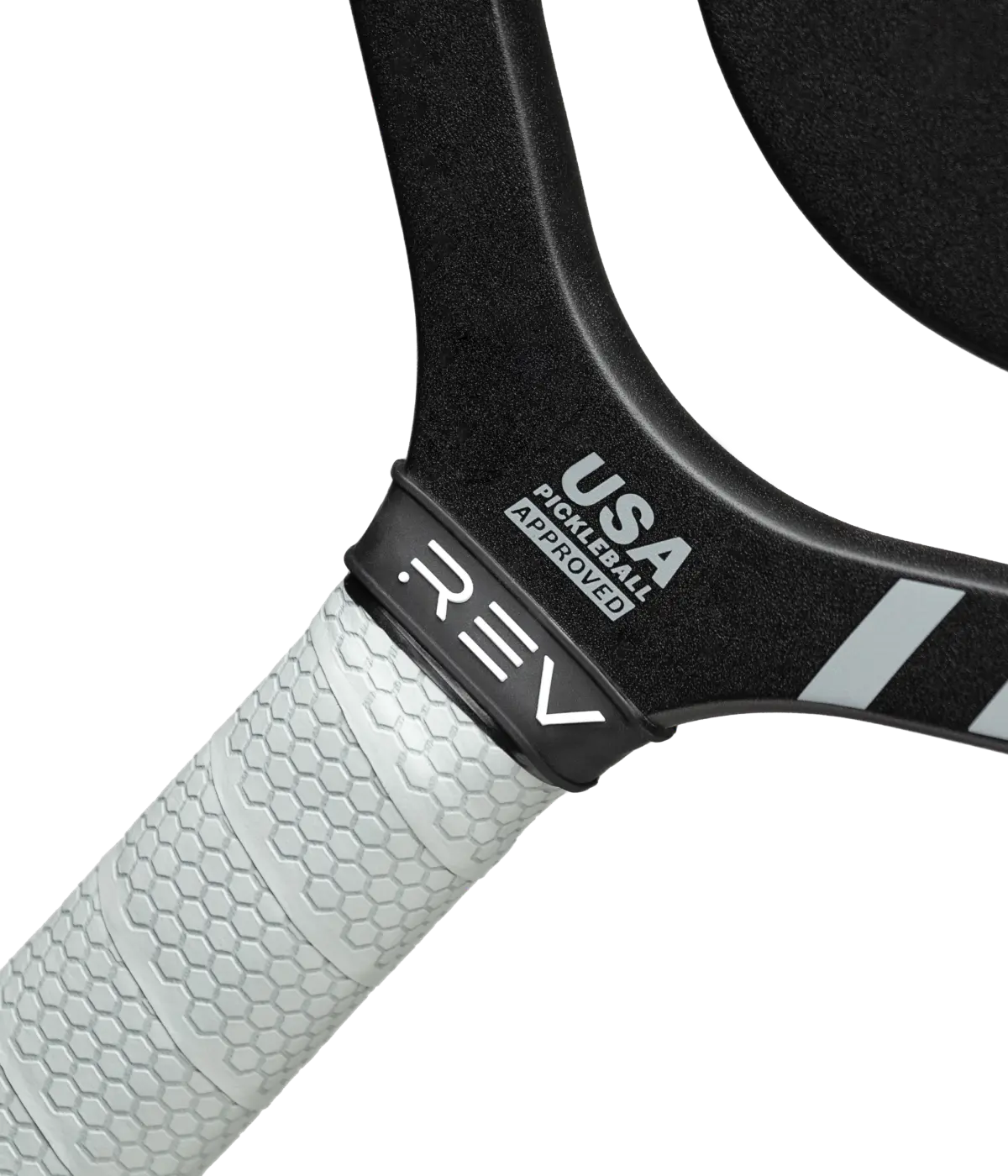 Close-up of USA Pickleball Approved seal on the REV Platinum pickleball paddle