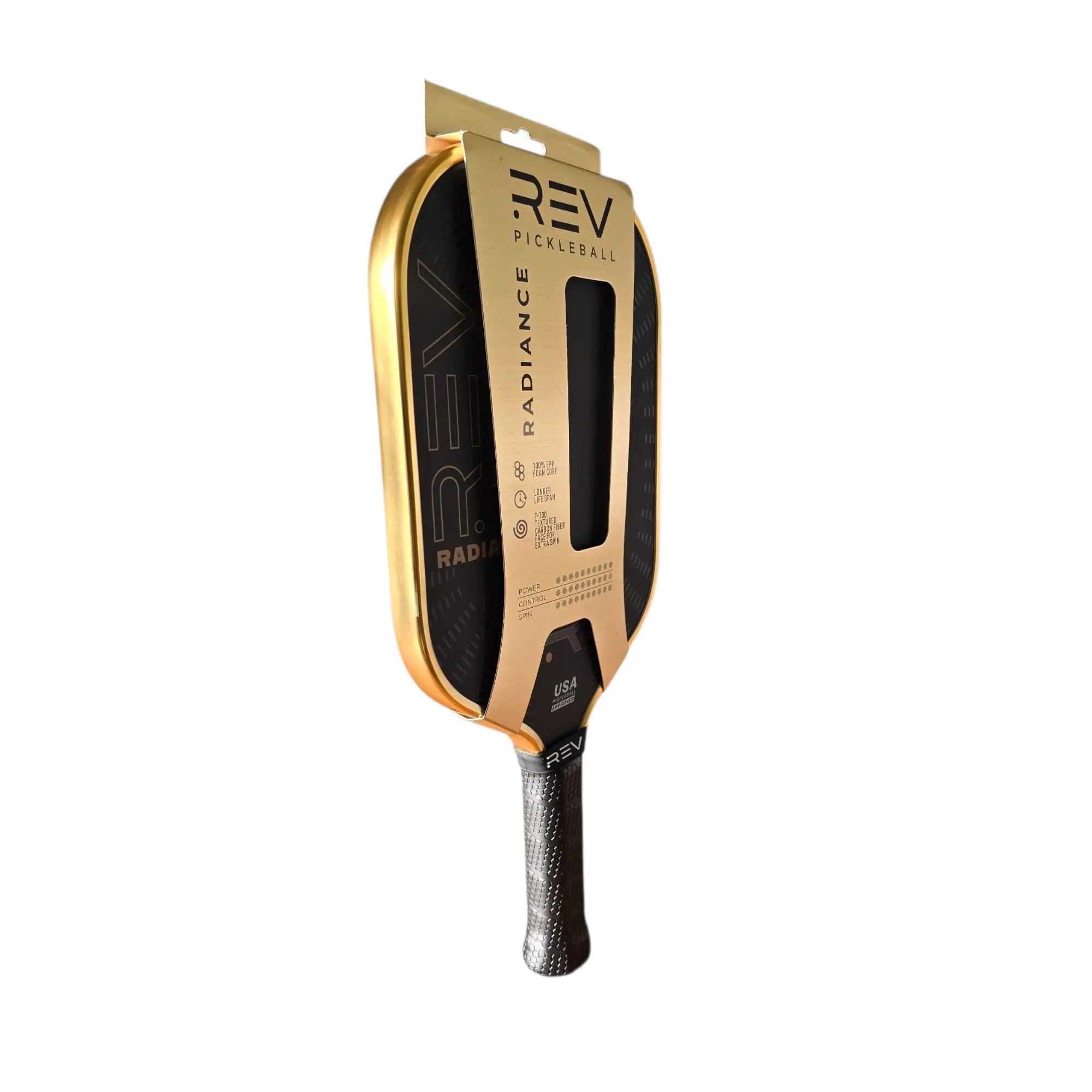 Angled view of REV RADIANCE foam core pickleball paddle