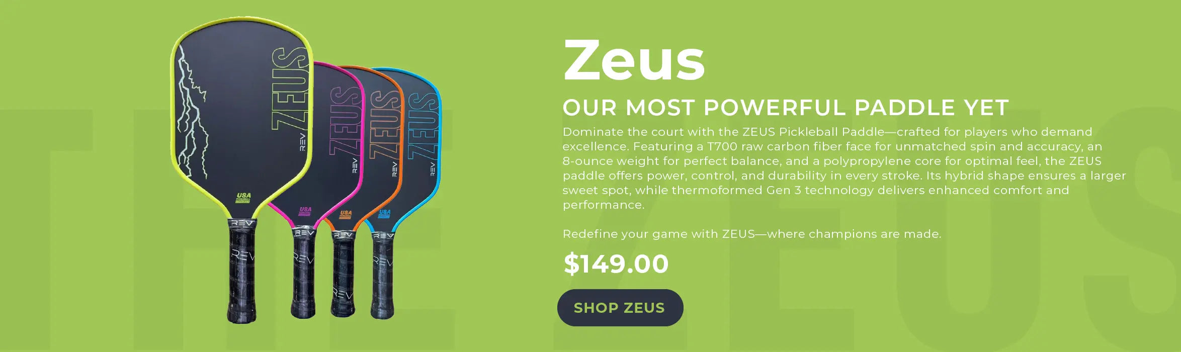 ZEUS REV pickleball collection with a buy button on a green background