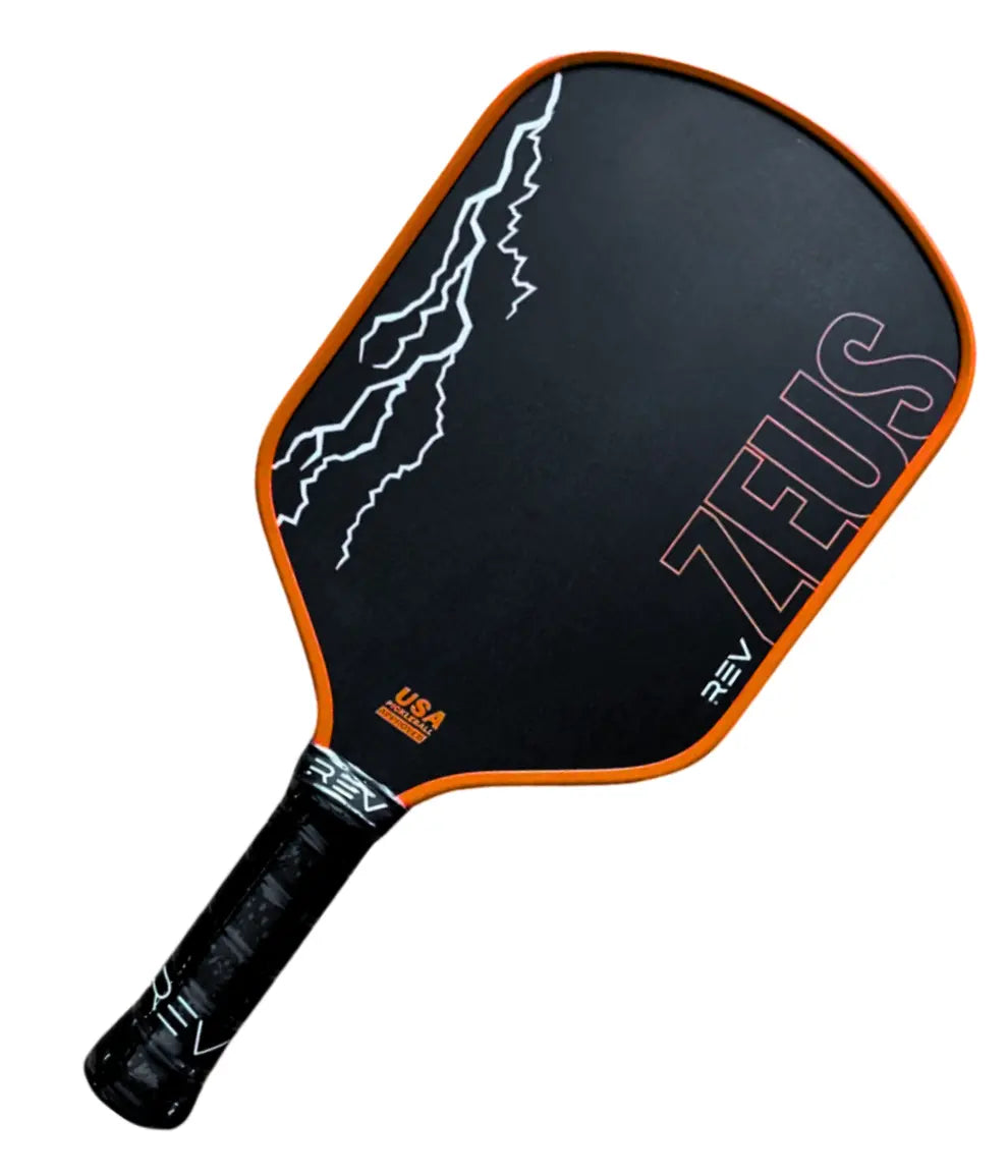 ZEUS power pickleball paddle in orange angled view showing hybrid shape